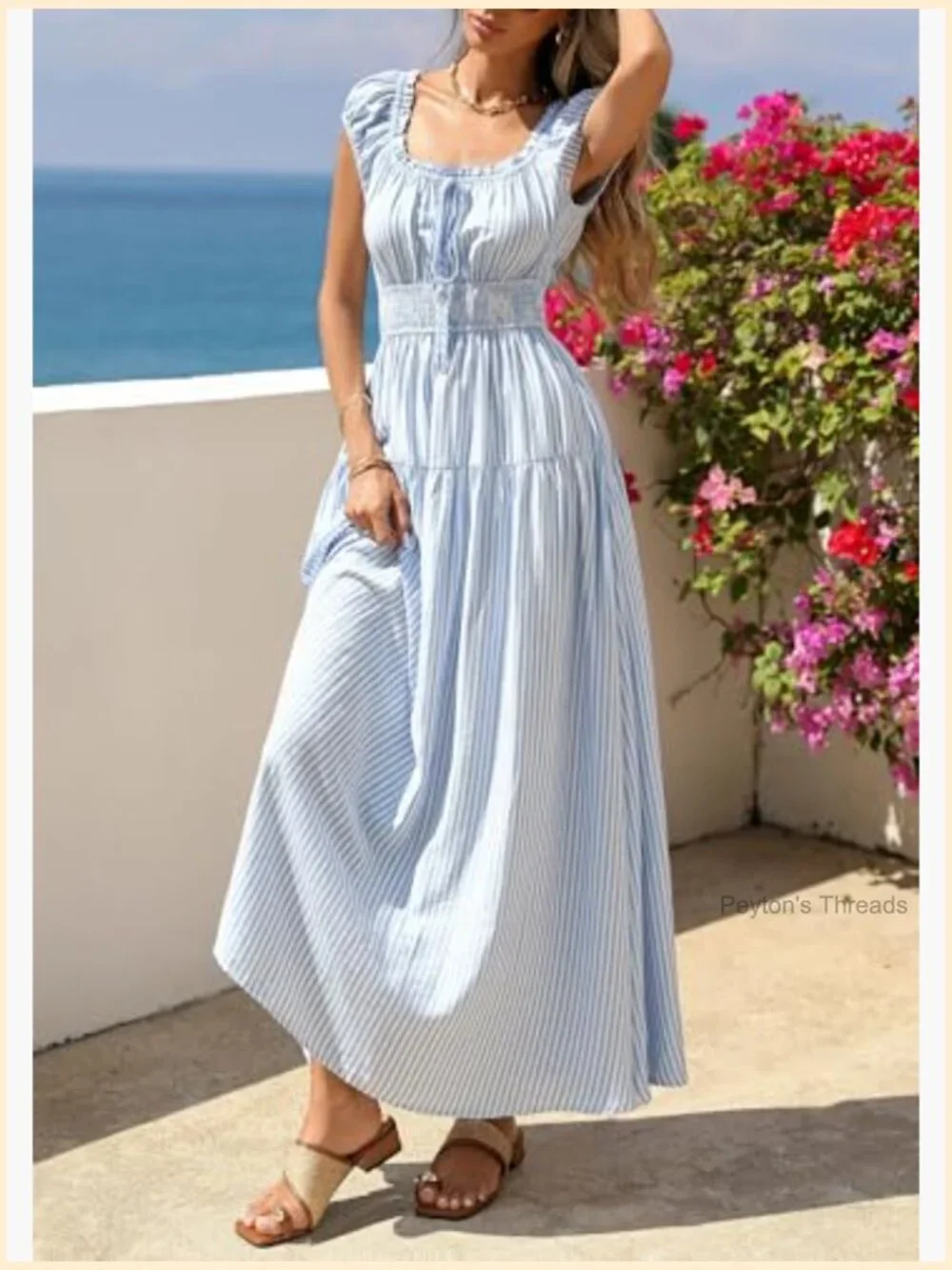Boho Maxi Dress with Pockets Flowy Square Neck Cap Sleeve - Picture 3 of 7